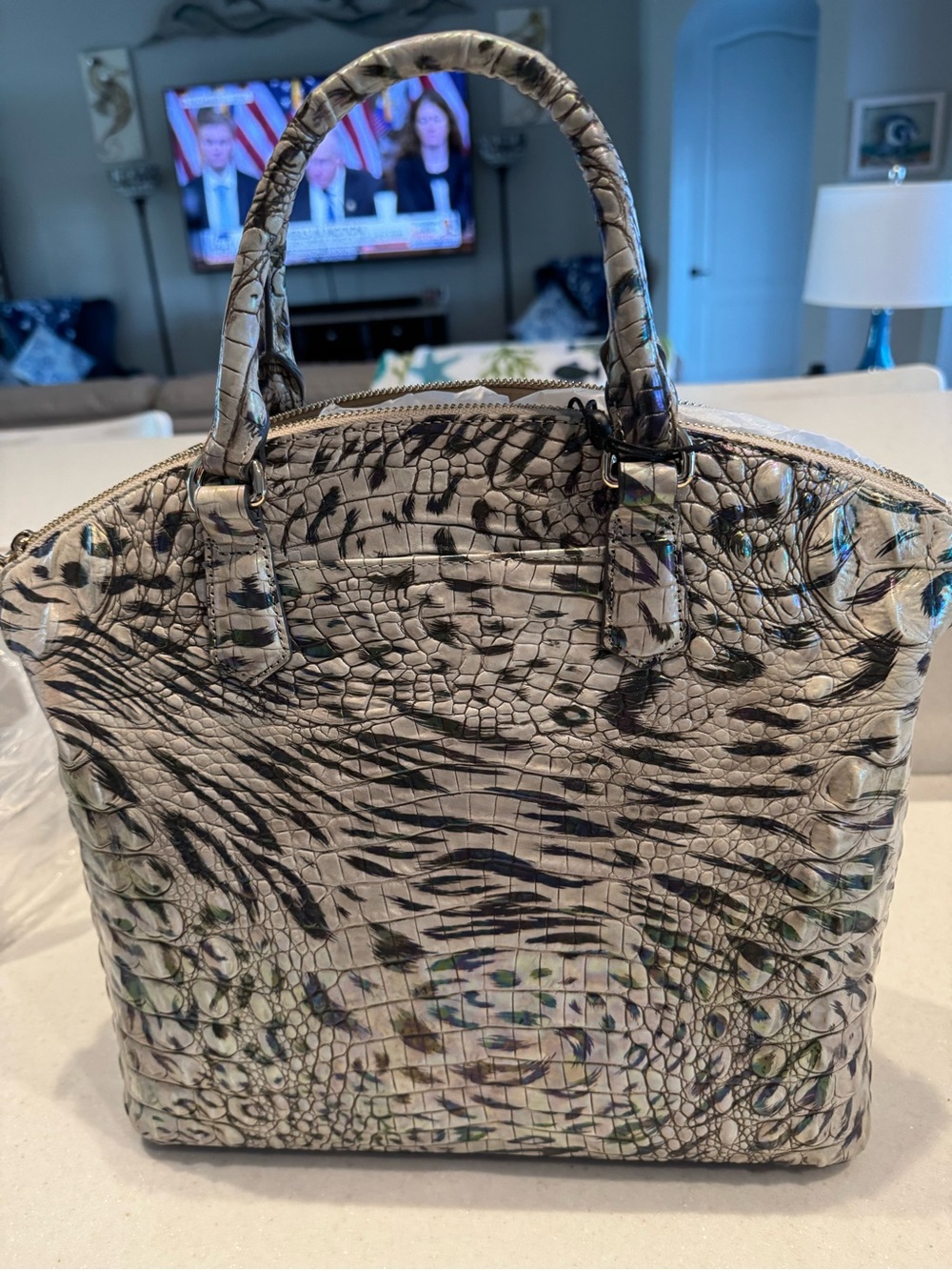 NWT. Brahmin Iridescent Croc-Embossed Large Satchel - Pearl Green Sheen - Picture 2 of 7